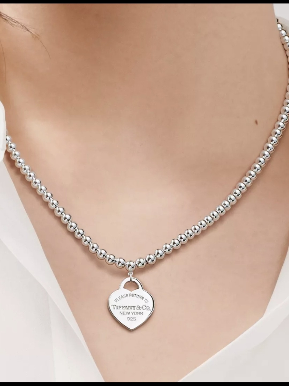 Tiffany & Co. Silver Heart Tag Bead Necklace - Picture 7 of 8